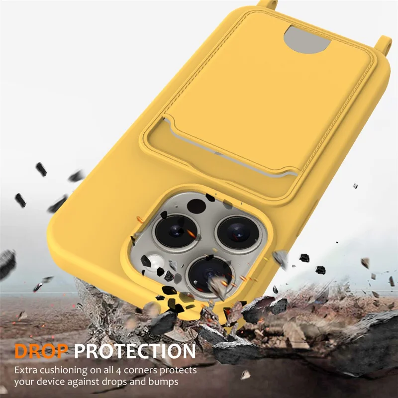 For iPhone 12 Pro Max Liquid Silicone Case with Card Holder Crossbody Phone Cover - Yellow