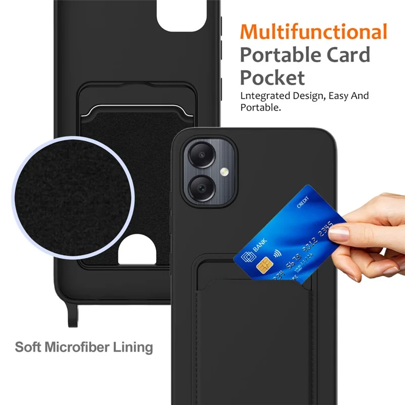 For Samsung Galaxy A05 4G Case Liquid Silicone Phone Cover with Card Slot, Long Strap - Black