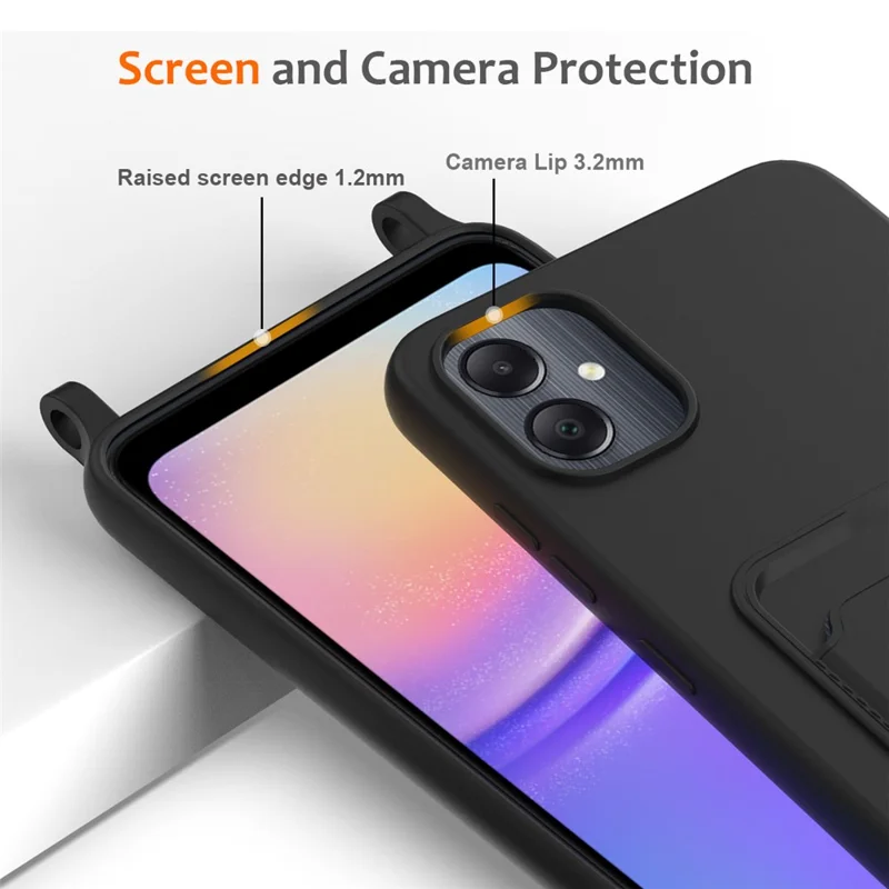 For Samsung Galaxy A05 4G Case Liquid Silicone Phone Cover with Card Slot, Long Strap - Black