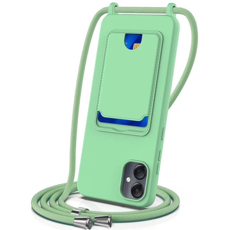 For Samsung Galaxy A05 4G Case Liquid Silicone Phone Cover with Card Slot, Long Strap - Green