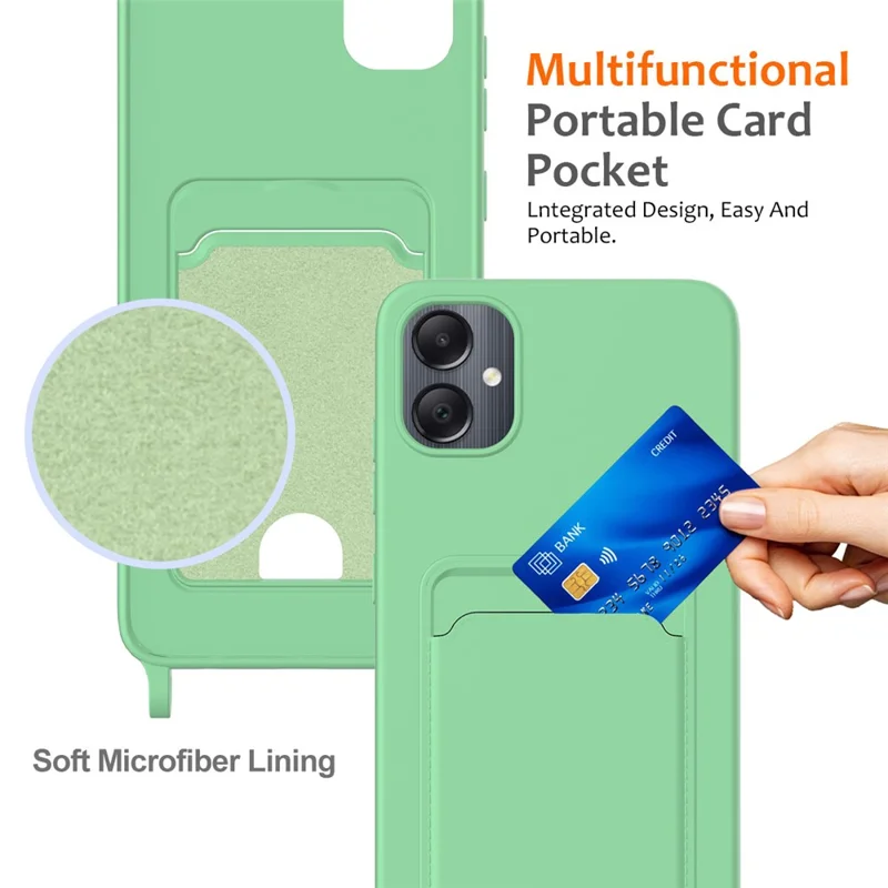 For Samsung Galaxy A05 4G Case Liquid Silicone Phone Cover with Card Slot, Long Strap - Green