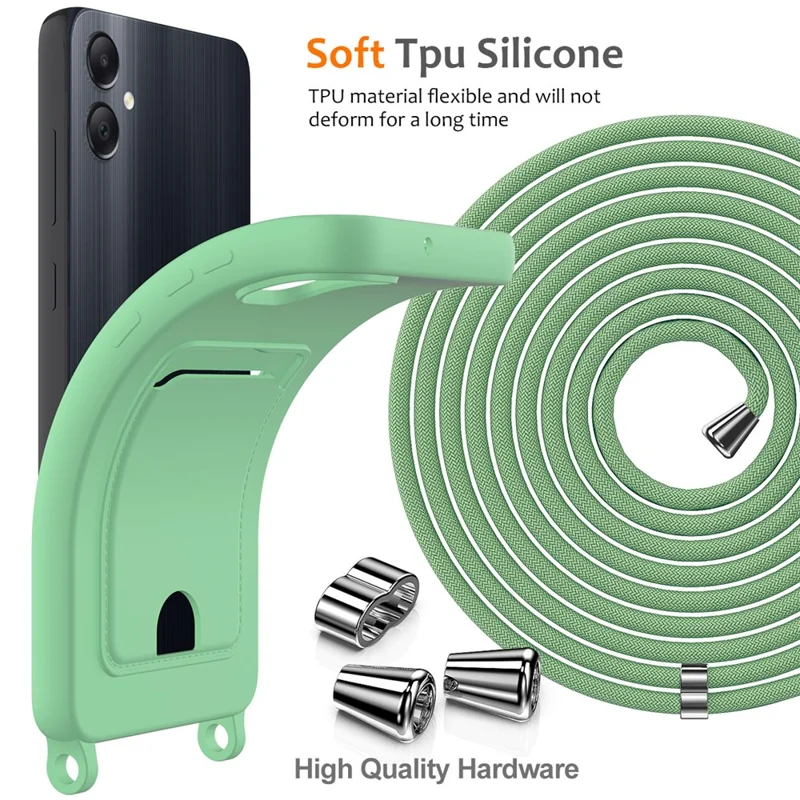 For Samsung Galaxy A05 4G Case Liquid Silicone Phone Cover with Card Slot, Long Strap - Green