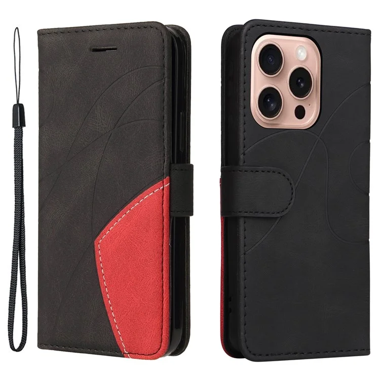 For iPhone 16 Pro Leather Case Wallet Stand Color Splicing Phone Cover - Black