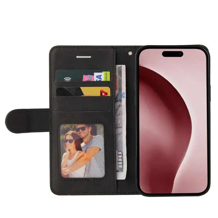 For iPhone 16 Pro Leather Case Wallet Stand Color Splicing Phone Cover - Black