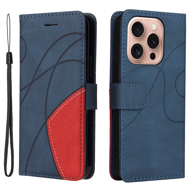 For iPhone 16 Pro Leather Case Wallet Stand Color Splicing Phone Cover - Blue