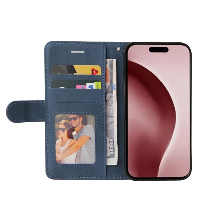 For iPhone 16 Pro Leather Case Wallet Stand Color Splicing Phone Cover - Blue