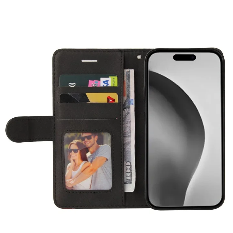 For iPhone 16 Pro Max Leather Case Wallet Stand Color Splicing Phone Cover - Black