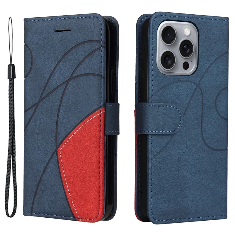 For iPhone 16 Pro Max Leather Case Wallet Stand Color Splicing Phone Cover - Blue