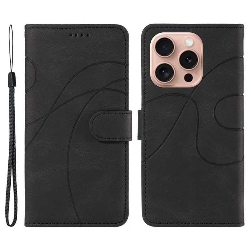 For iPhone 16 Pro Case Curved Line Imprint PU Leather Flip Phone Cover - Black