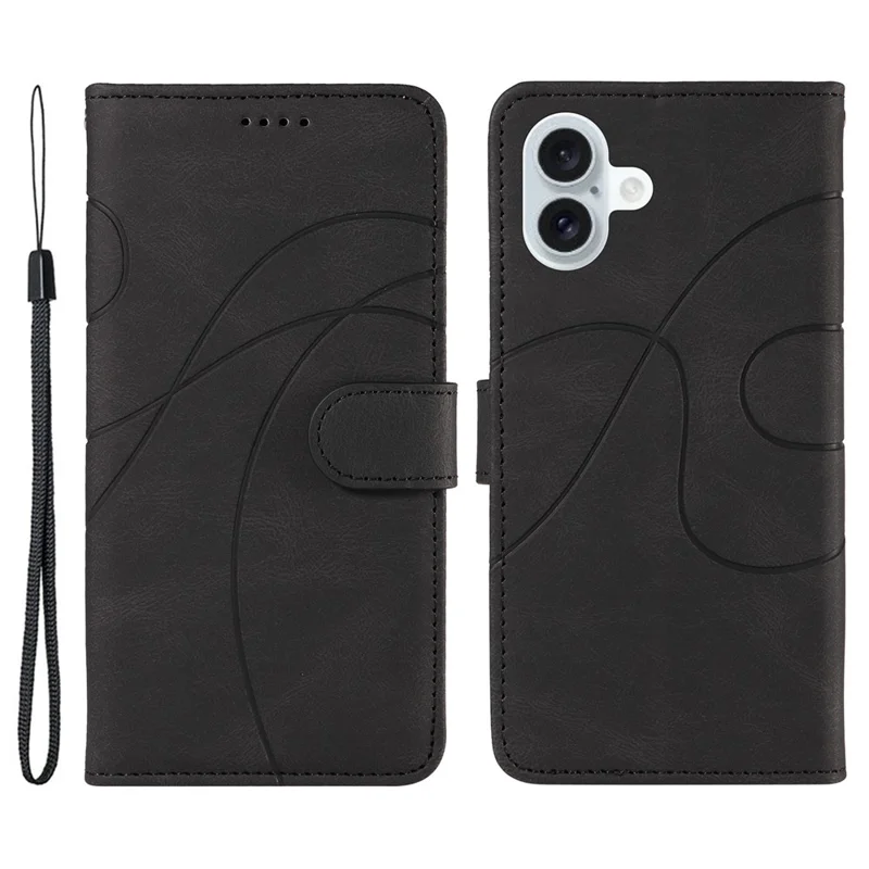 Para iPhone 16 Plus Case Curved Line Imprint Leather Wallet Stand Phone Cover - Preto