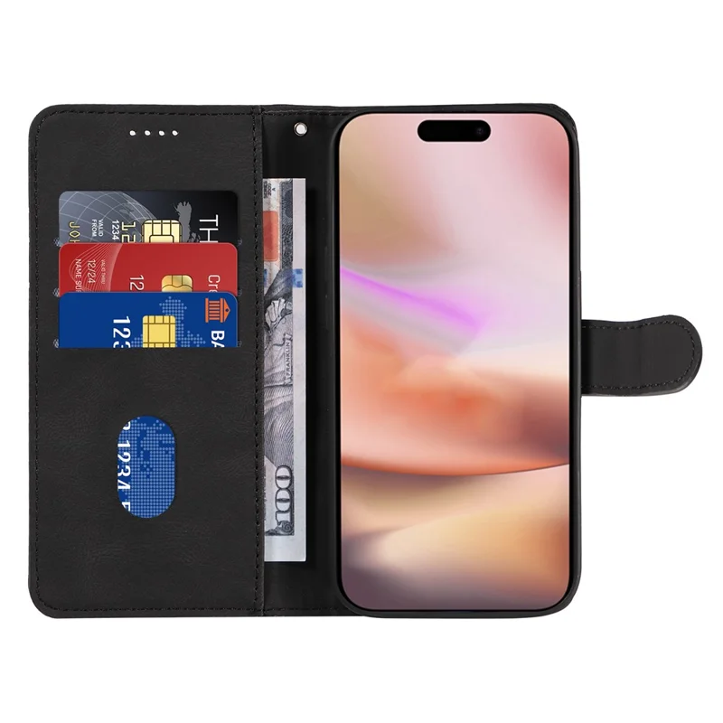 Para iPhone 16 Plus Case Curved Line Imprint Leather Wallet Stand Phone Cover - Preto