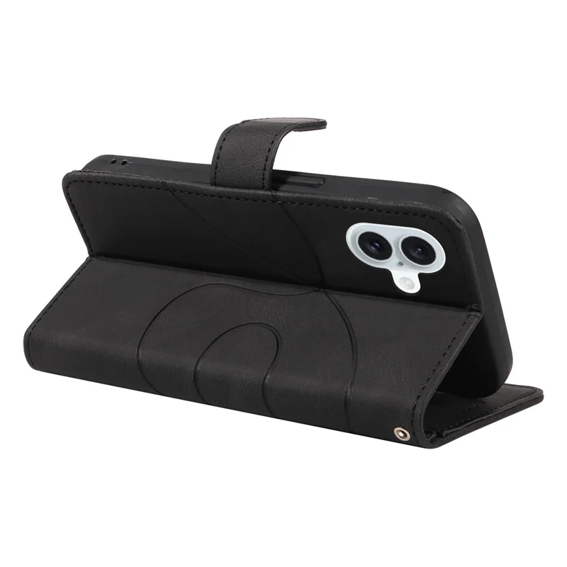 Para iPhone 16 Plus Case Curved Line Imprint Leather Wallet Stand Phone Cover - Preto