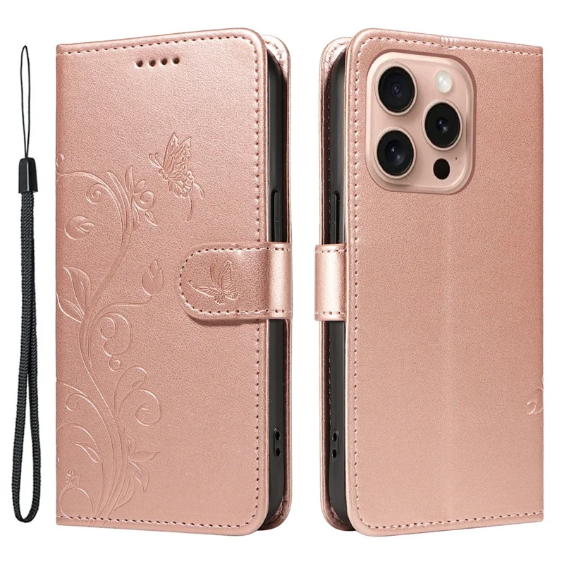 Für iPhone 16 Pro Case PU-Leder Flip Handy-Cover Prägung Schmetterling Blume - Roségold