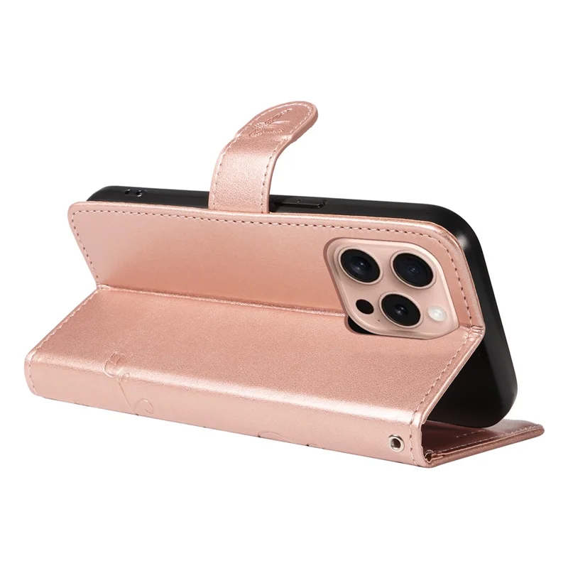 Für iPhone 16 Pro Case PU-Leder Flip Handy-Cover Prägung Schmetterling Blume - Roségold