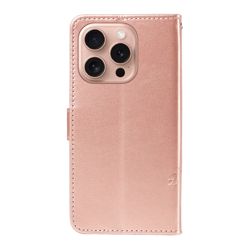 Für iPhone 16 Pro Case PU-Leder Flip Handy-Cover Prägung Schmetterling Blume - Roségold