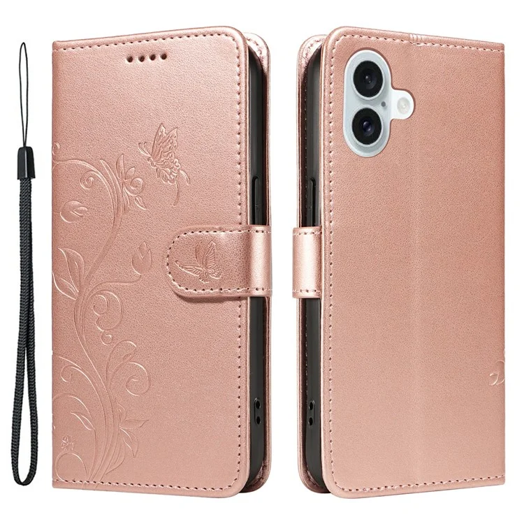 Für iPhone 16 Plus Case Butterfly Flower PU Leder Telefonhülle Kartenfach / Bar-Schlitze - Roségold