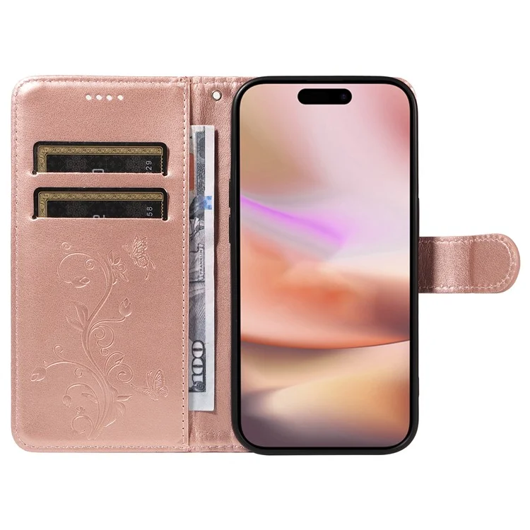 Für iPhone 16 Plus Case Butterfly Flower PU Leder Telefonhülle Kartenfach / Bar-Schlitze - Roségold