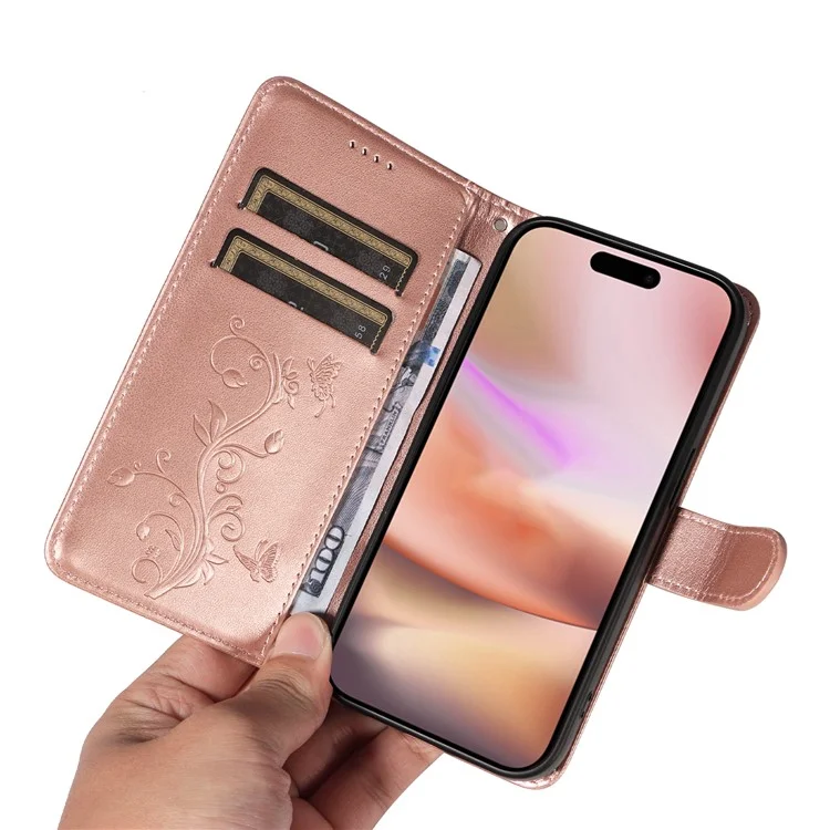 Für iPhone 16 Plus Case Butterfly Flower PU Leder Telefonhülle Kartenfach / Bar-Schlitze - Roségold