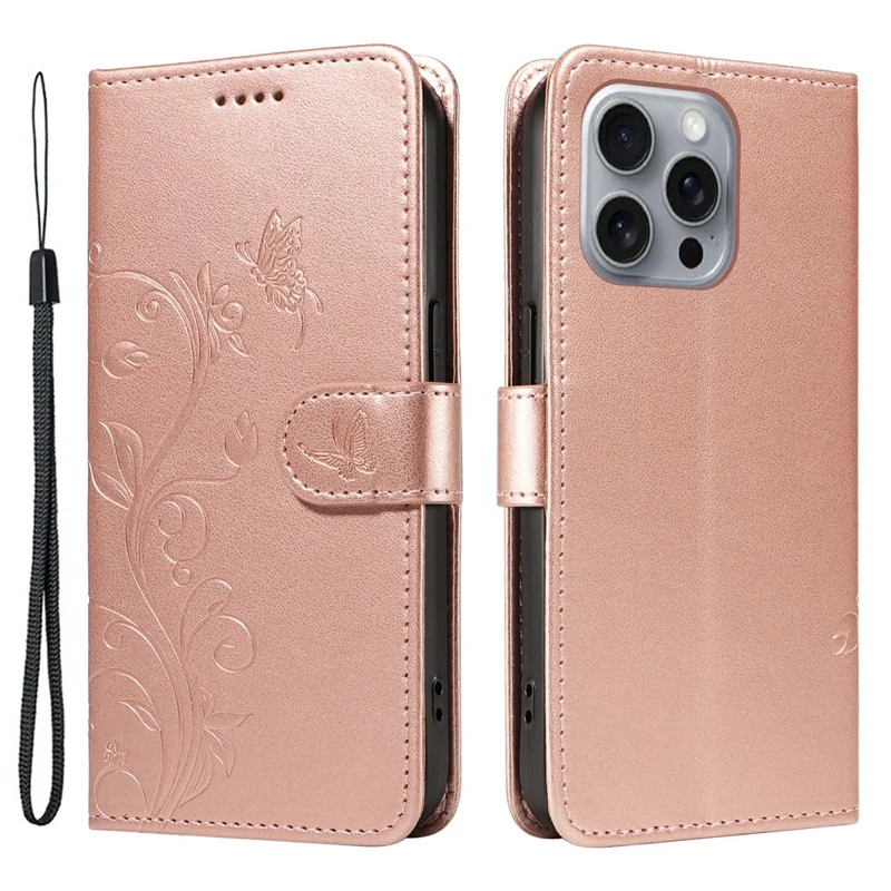 For iPhone 16 Pro Max PU Leather Cases Flower Pattern Wallet Stand Phone Cover with Strap - Rose Gold