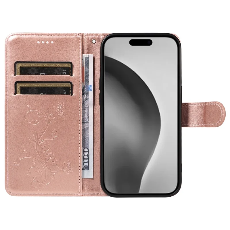 For iPhone 16 Pro Max PU Leather Cases Flower Pattern Wallet Stand Phone Cover with Strap - Rose Gold