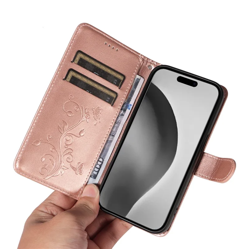 For iPhone 16 Pro Max PU Leather Cases Flower Pattern Wallet Stand Phone Cover with Strap - Rose Gold