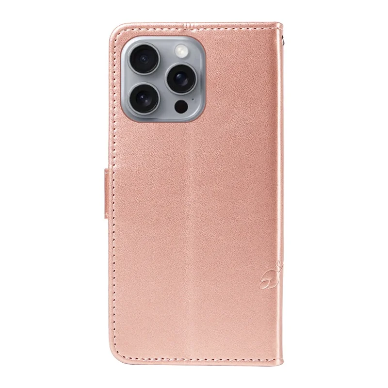 For iPhone 16 Pro Max PU Leather Cases Flower Pattern Wallet Stand Phone Cover with Strap - Rose Gold