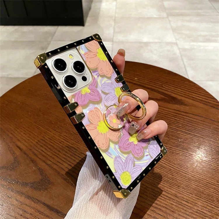 Pour iPhone 15 Pro Kickstand Case Oil Painting Flower PC+TPU Phone Cover - Orange
