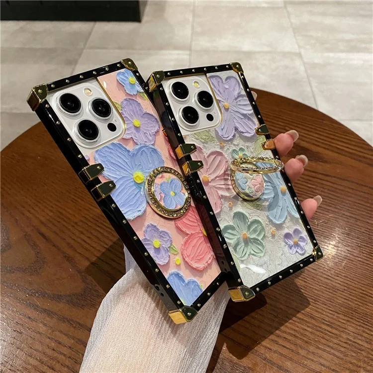 Pour iPhone 15 Pro Kickstand Case Oil Painting Flower PC+TPU Phone Cover - Orange