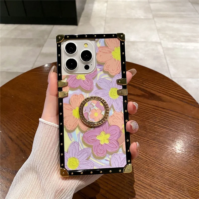 For iPhone 15 Pro Max Case Oil Painting Flower PC+TPU Phone Cover with Ring Kickstand - Orange