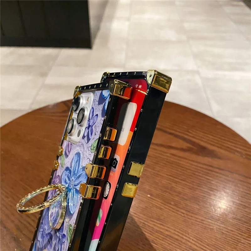 For iPhone 15 Pro Max Case Oil Painting Flower PC+TPU Phone Cover with Ring Kickstand - Orange