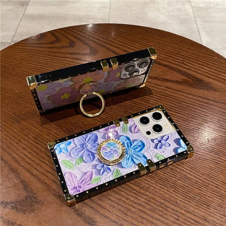 For iPhone 14 Pro Max Case Oil Painting Flower PC+TPU Kickstand Phone Cover - Orange