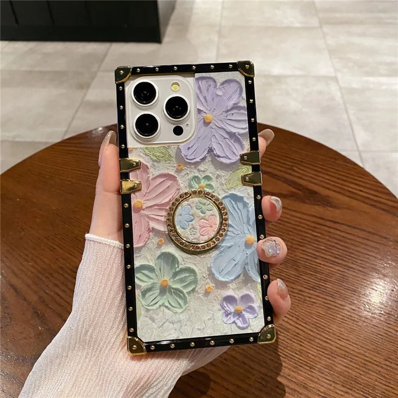 Für iPhone 14 Pro Max Hülle Ölgemälde Blume PC+TPU Ständer Handyhülle - Grün