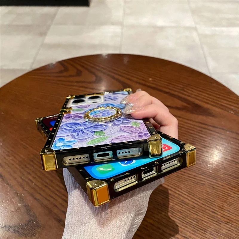 Für iPhone 14 Pro Max Hülle Ölgemälde Blume PC+TPU Ständer Handyhülle - Grün