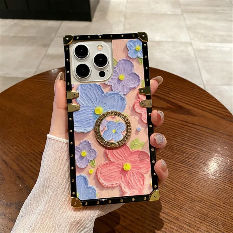 For iPhone 14 Pro Max Case Oil Painting Flower PC+TPU Kickstand Phone Cover - Pink
