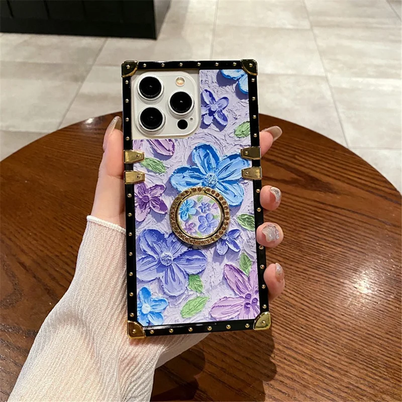 For iPhone 14 Pro Max Case Oil Painting Flower PC+TPU Kickstand Phone Cover - Purple