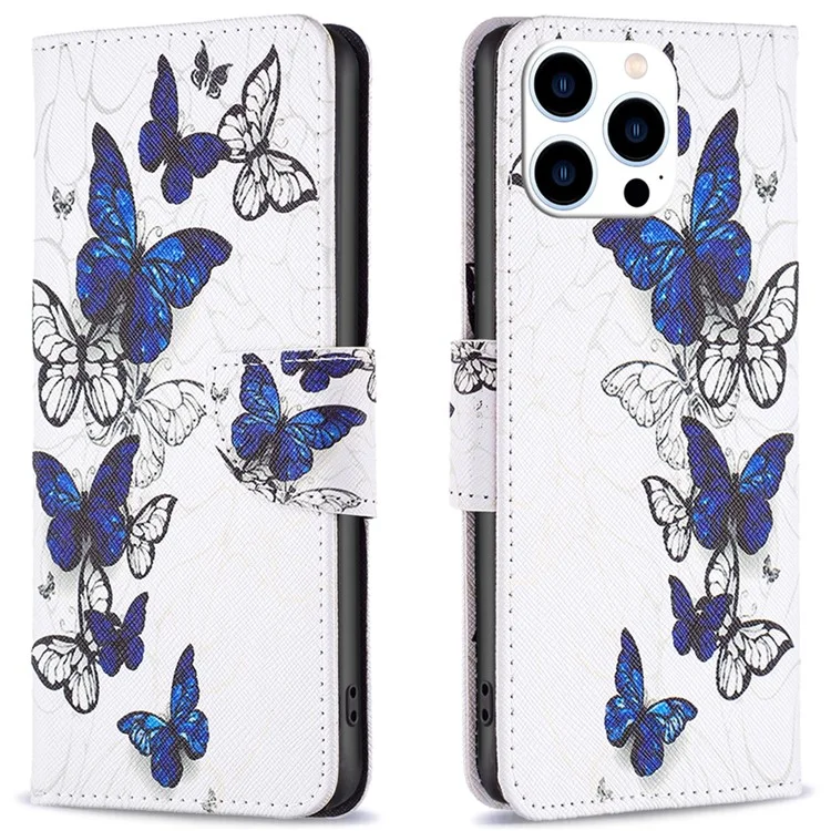 Funda tipo cartera de cuero con tapa para iPhone 16 Pro, con estampado de mariposas