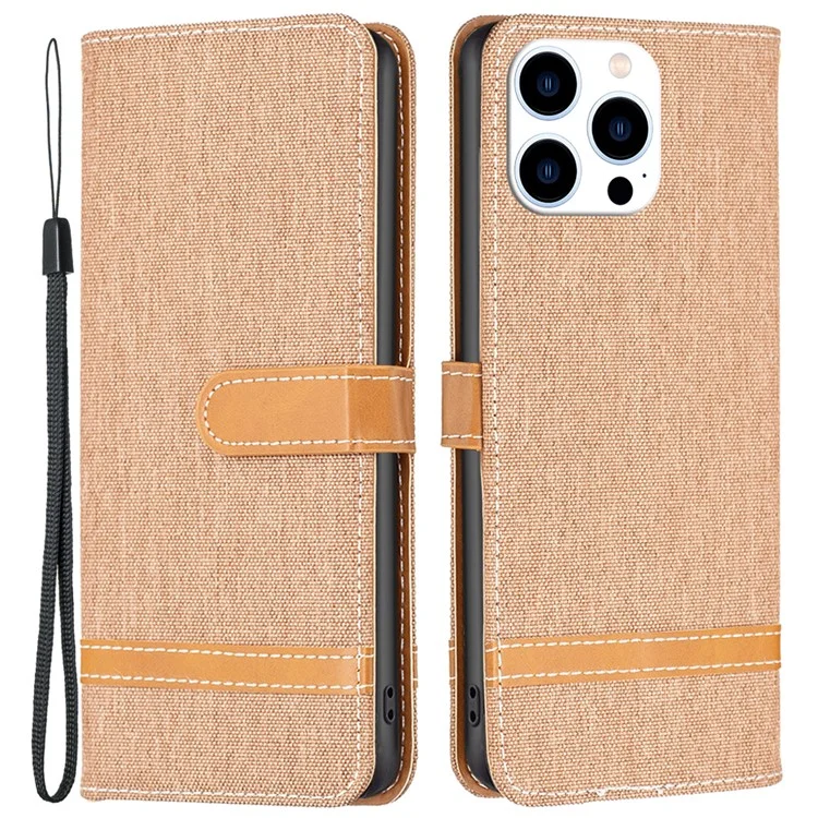 For iPhone 16 Pro Case Jeans Cloth Texture Wallet Splicing Phone Leather Cover -  Brown