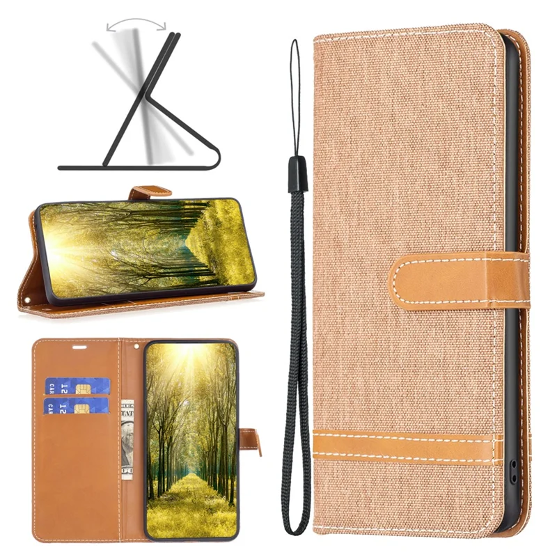For iPhone 16 Pro Case Jeans Cloth Texture Wallet Splicing Phone Leather Cover -  Brown