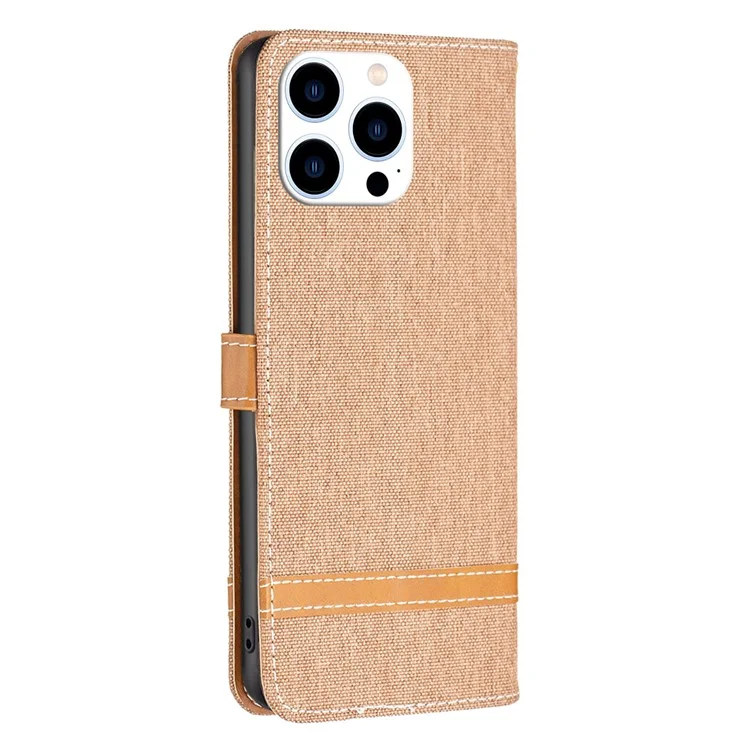 For iPhone 16 Pro Case Jeans Cloth Texture Wallet Splicing Phone Leather Cover -  Brown