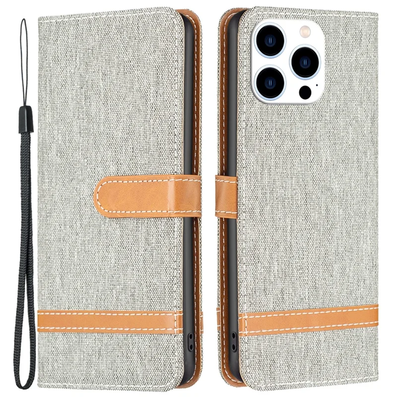 For iPhone 16 Pro Case Jeans Cloth Texture Wallet Splicing Phone Leather Cover -  Grey