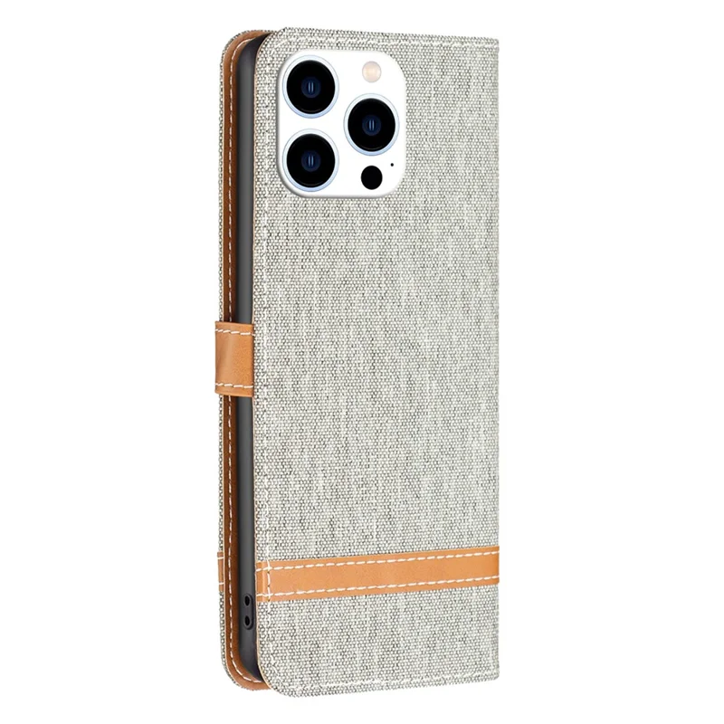 For iPhone 16 Pro Case Jeans Cloth Texture Wallet Splicing Phone Leather Cover -  Grey