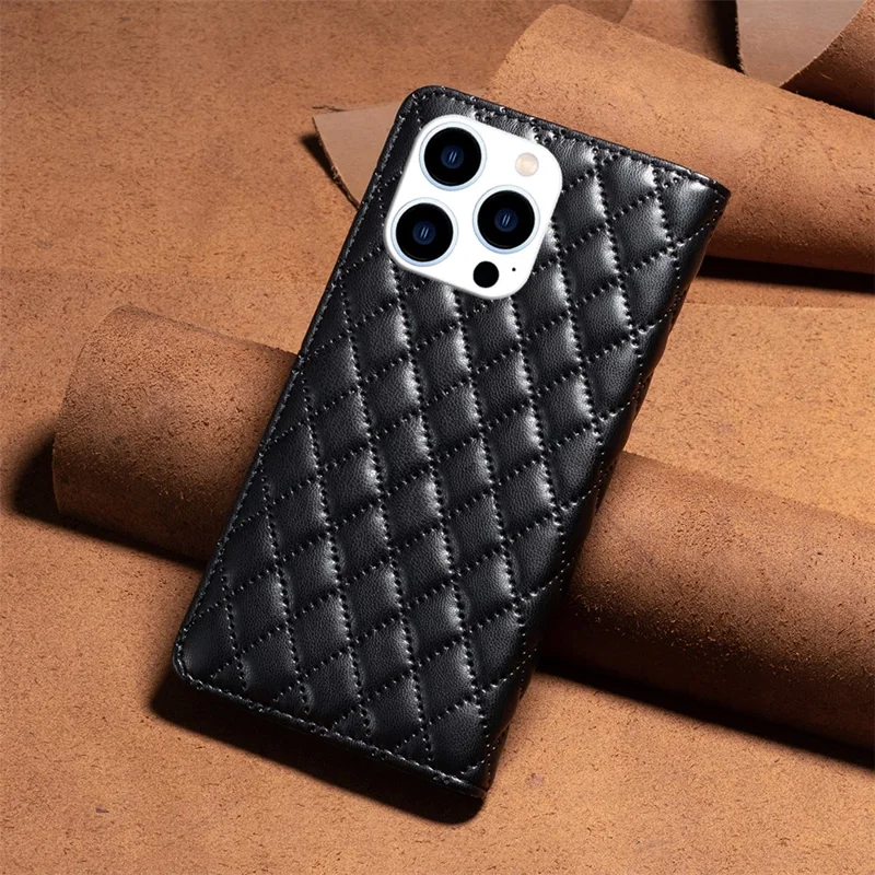 BINFEN COLOR BF Style-16 For iPhone 16 Pro Case PU Leather Phone Stand Phone Cases   - Black