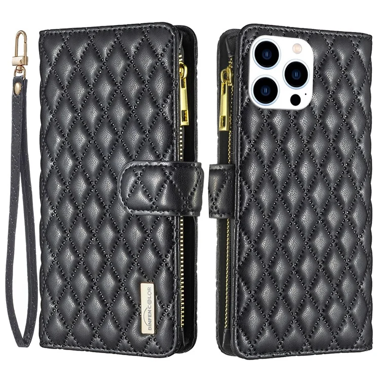 BINFEN COLOR BF Style-15 Funda para iPhone 16 Pro, Cubierta de Teléfono de Cuero Romboidal con Cremallera - Negro