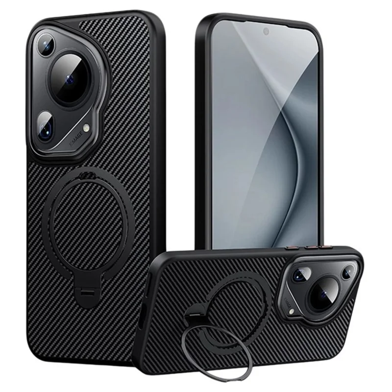 For Huawei Pura 70 Ultra Magnetic Case Carbon Fiber Texture PC+TPU Phone Cover with Kickstand - Black