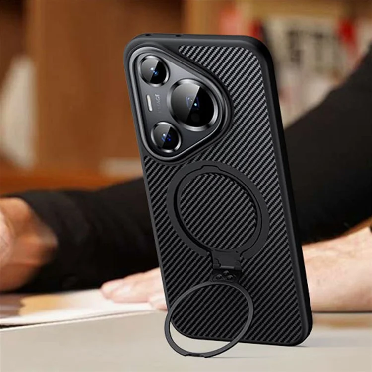 For Huawei Pura 70 Pro / Pura 70 Pro+ Case Carbon Fiber Texture PC+TPU Phone Cover With Magnetic Stand - Black
