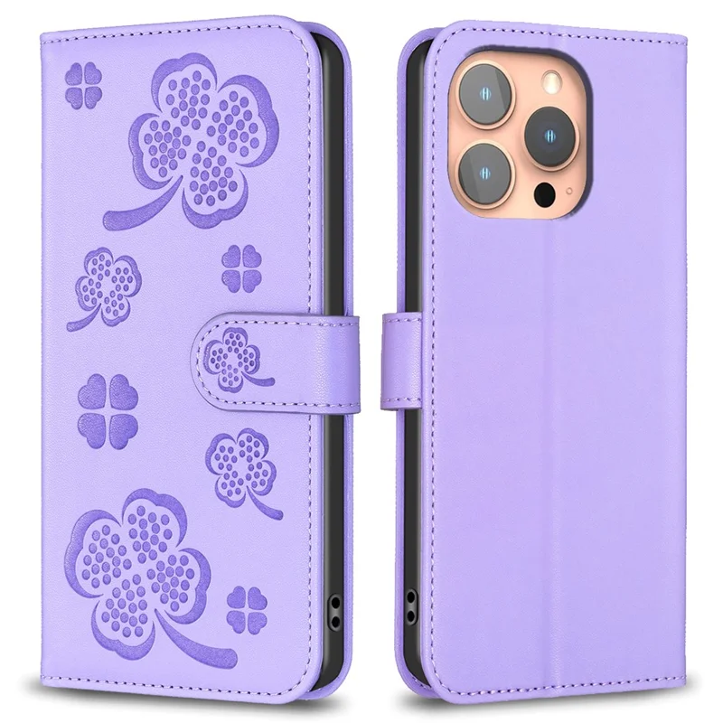 For iPhone 16 Pro Max Case Four Leaf Clover Phone Protection Leather Cover - Purple