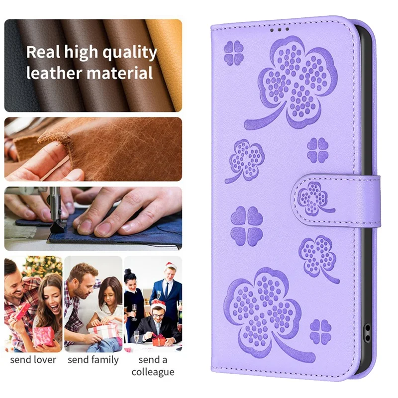 For iPhone 16 Pro Max Case Four Leaf Clover Phone Protection Leather Cover - Purple
