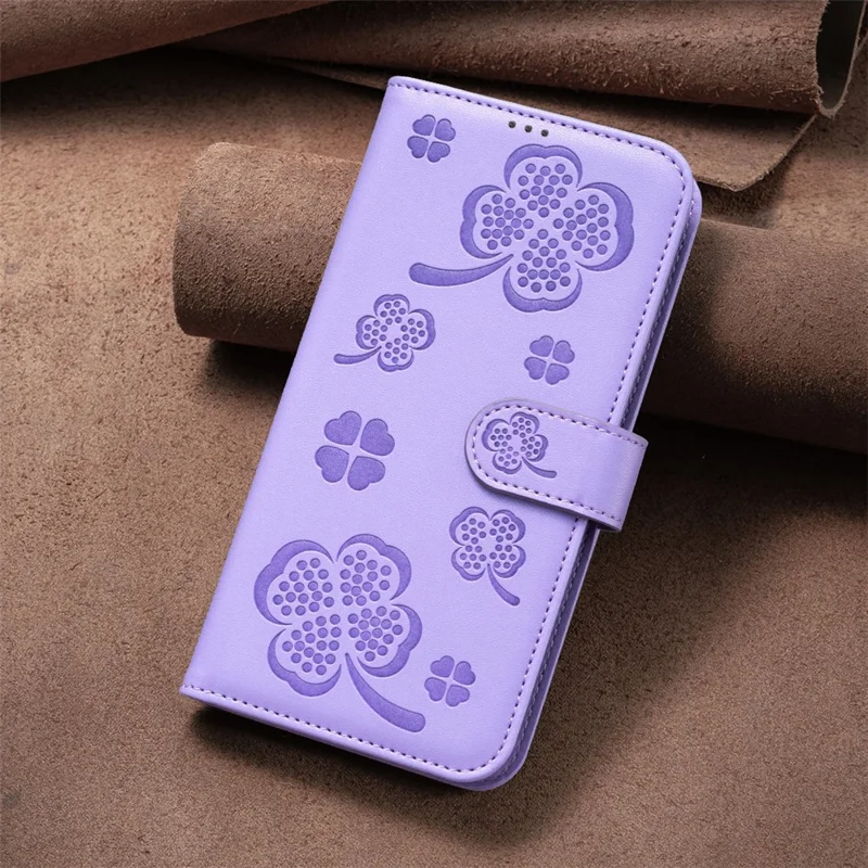 For iPhone 16 Pro Max Case Four Leaf Clover Phone Protection Leather Cover - Purple
