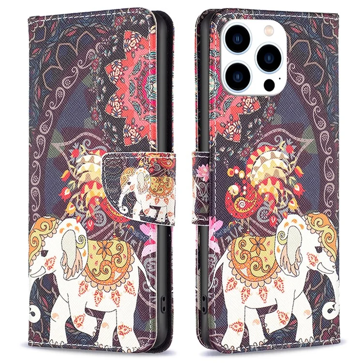 For iPhone 16 Pro Max Case Pattern Printing Leather Wallet Stand Phone Cover -  Flower and Elephant