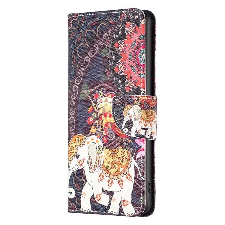 For iPhone 16 Pro Max Case Pattern Printing Leather Wallet Stand Phone Cover -  Flower and Elephant